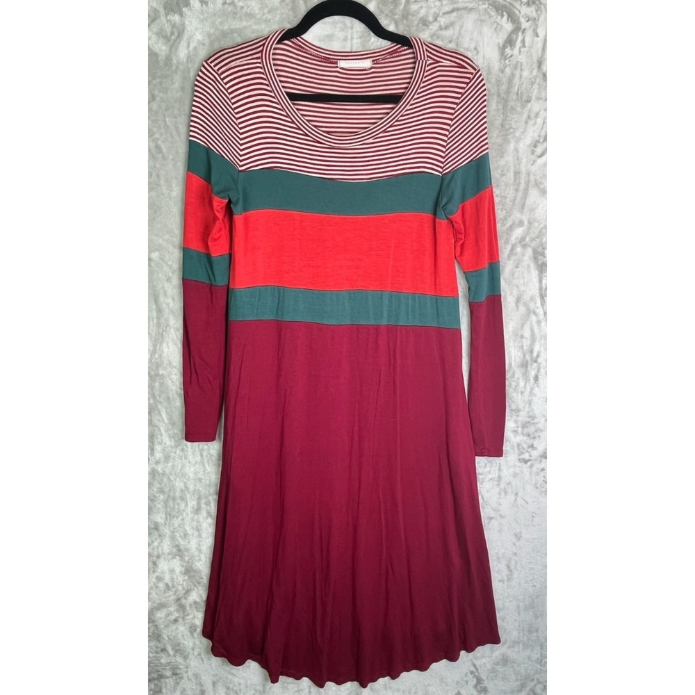 Reborn J Colorblock Stripe A-Line Dress‎ Burgundy Red Teal Long Sleeve Small USA